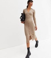 New Look Cream Ribbed Knit Button Front Midi Polo Dress